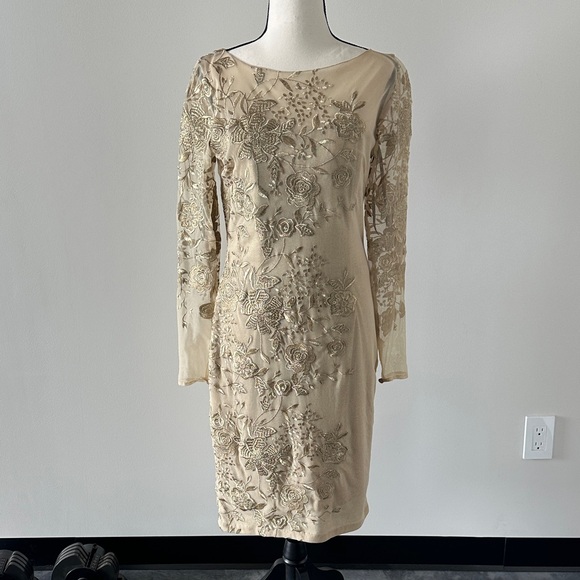 David Meister Dresses & Skirts - David Meister Champagne Beaded Floral Long-Sleeve Dress Size 6